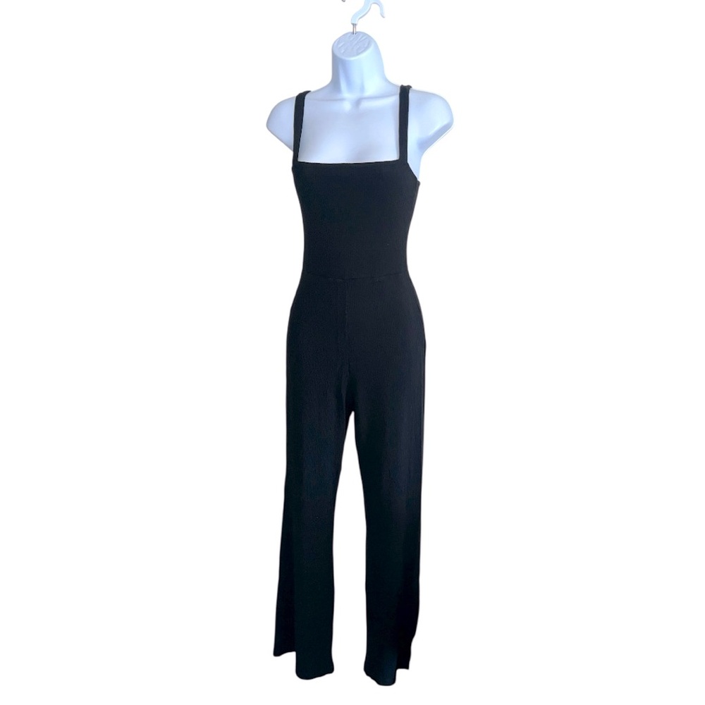 Reformation Ribbed Knit Wide-Leg Jumpsuit Black XS